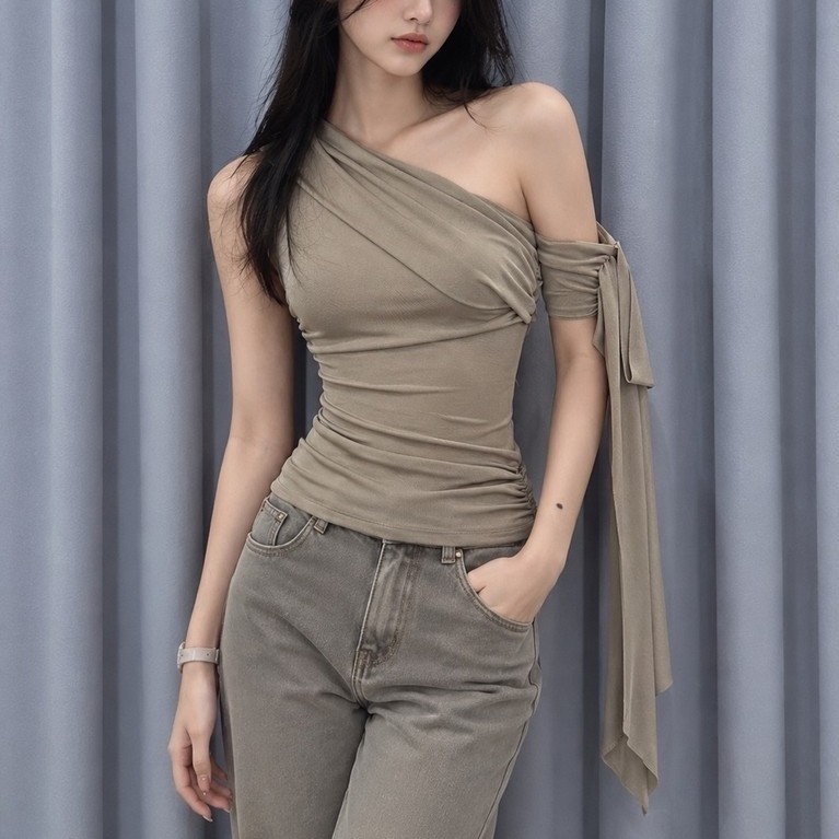 BN995 ใหม่ TAG MYRIE TAUPE SEMI SHEER ONE SHOULDER PREMIUM TOP