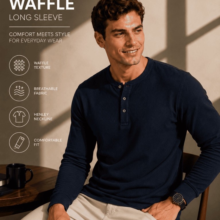 เสื้อวาฟเฟิลแขนยาว Haf Henley | เสื้อยืดแขนยาว Waffle Henley
