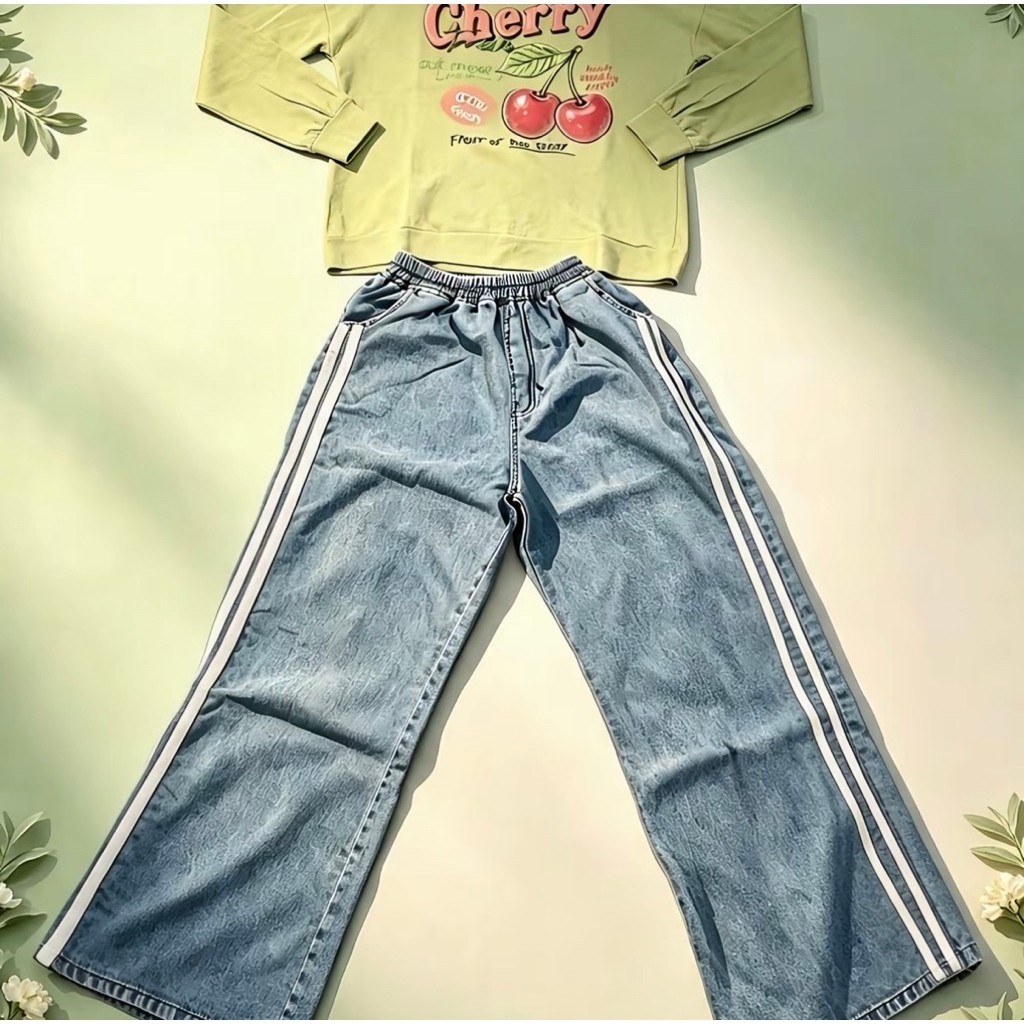 One Set Jeans Macha Cherry Uni Ara | ชุดเดียว Uni Ara | ชุดกางเกงยีนส์ Cherry Macha Uni Ara | ชุดเดี