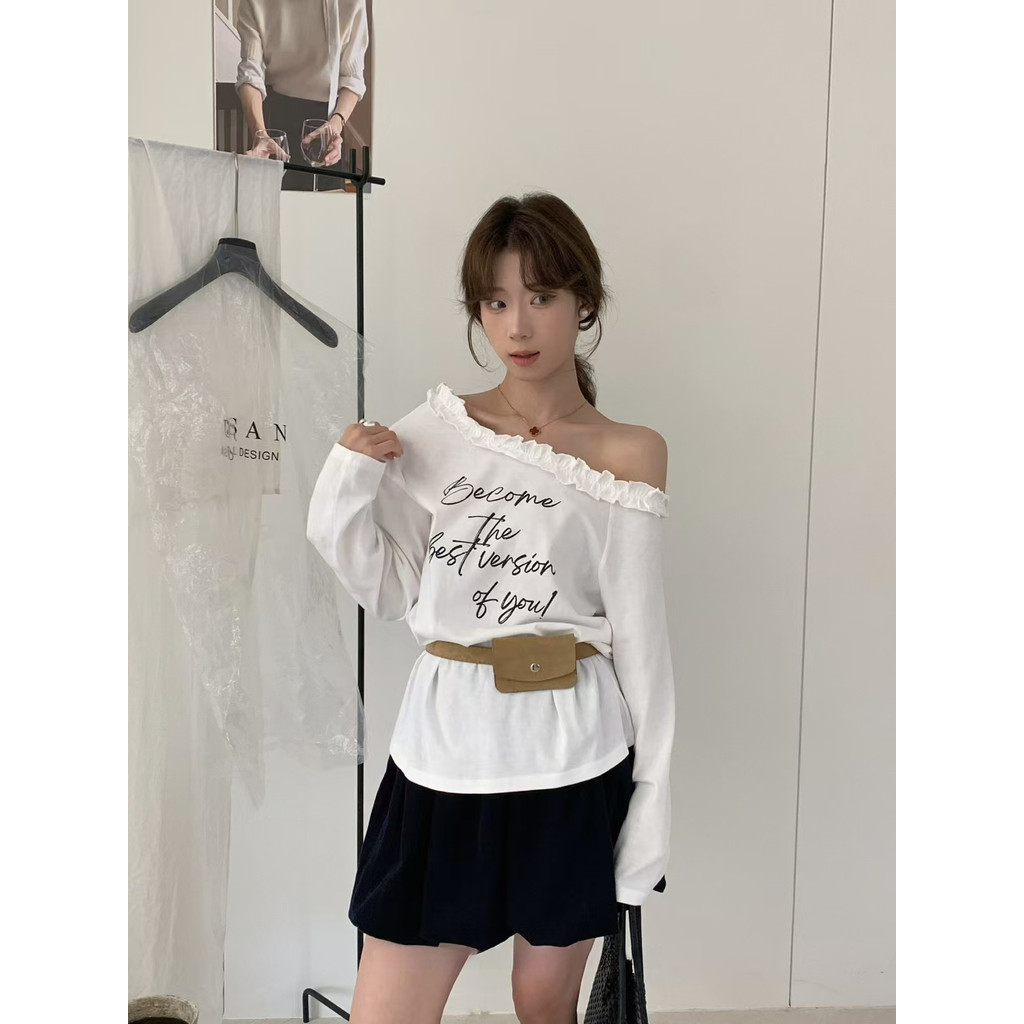 Verve ตู้เสื้อผ้าหลวมลําลองแขนยาวคอลูกไม้และเปิดไหล่สไตล์เกาหลีสดและหวาน