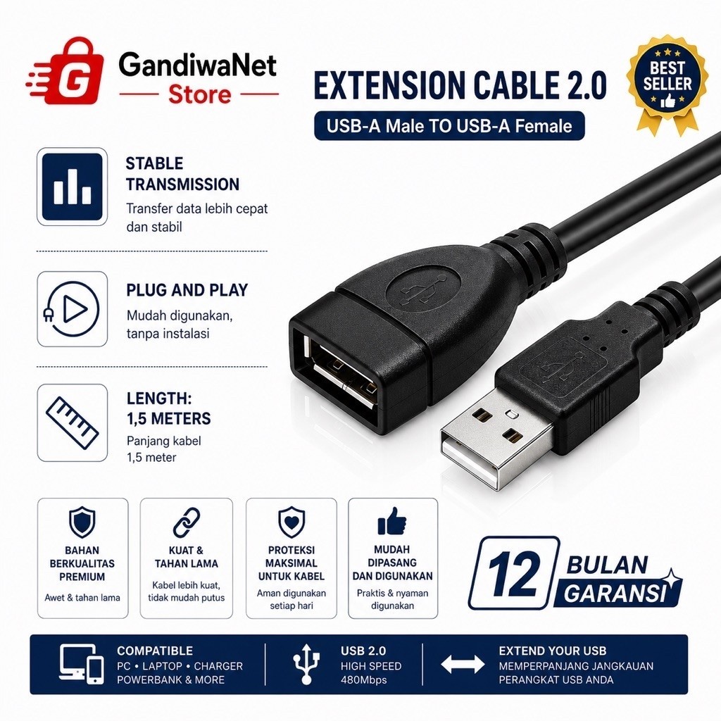 1.5M สีดํา USB Extension Cable ชายหญิง 1.5M USB Extension Cable Connector AM/AF