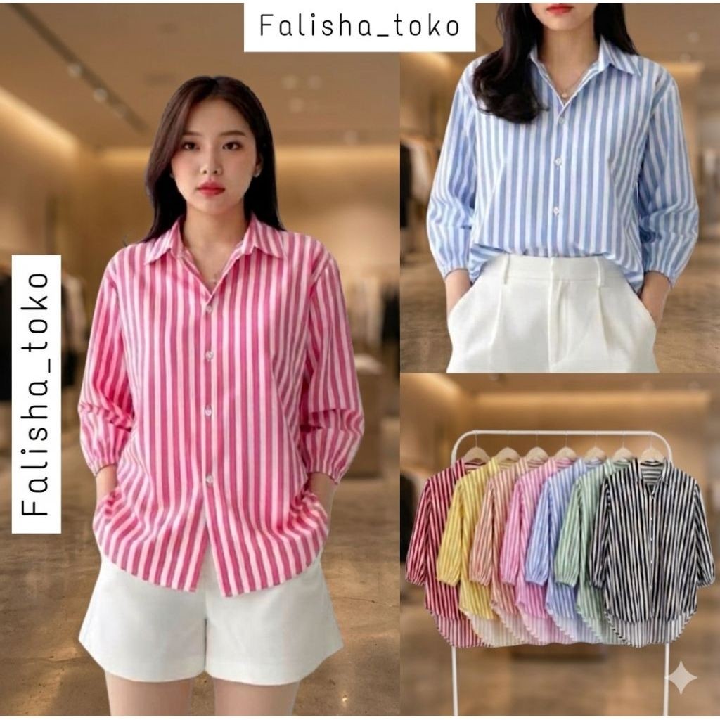 WOMENS 7/8 RUBBER SLEEVE SHIRT - RENA STRIPES COTTON SHIRT