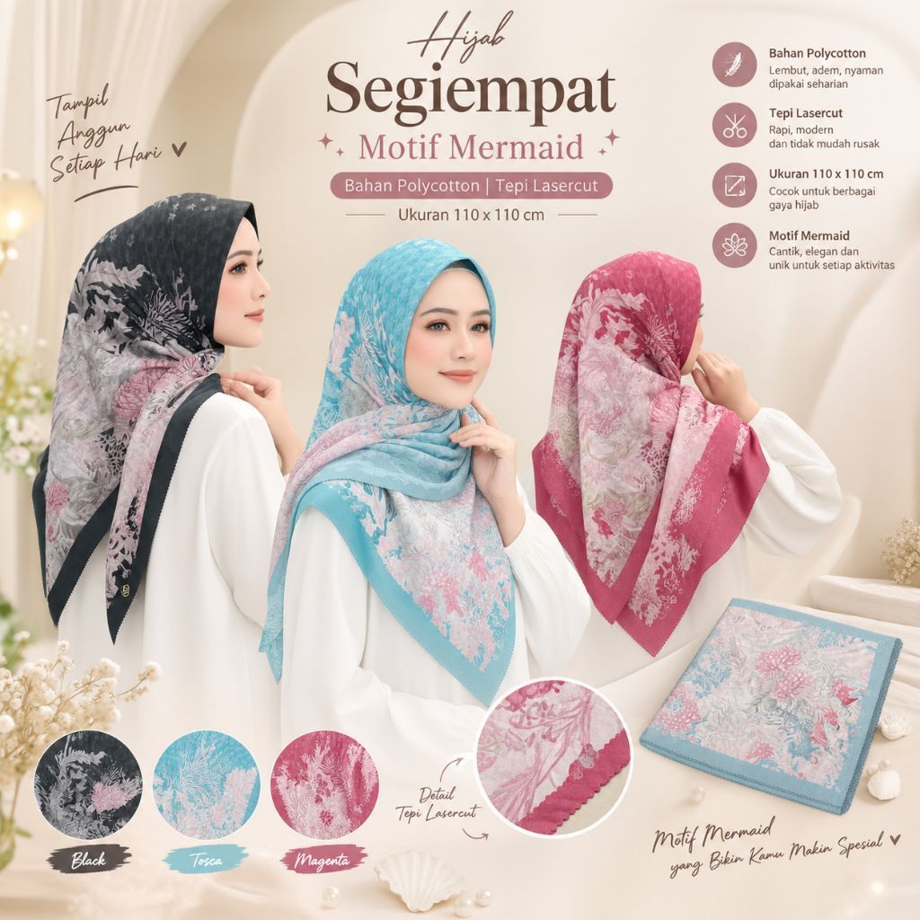 ฟรี POUCH & PIN B Square Voal Hijab with BS Style Buttonscarves Series Mermaid, Seoul, Parisian, Dub