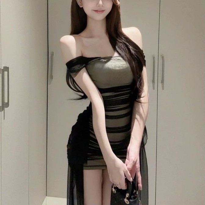 [PREMIUM] ชุดมินิเดรสสีดําตาข่ายปิดไหล่หรูหราเซ็กซี่ PD97