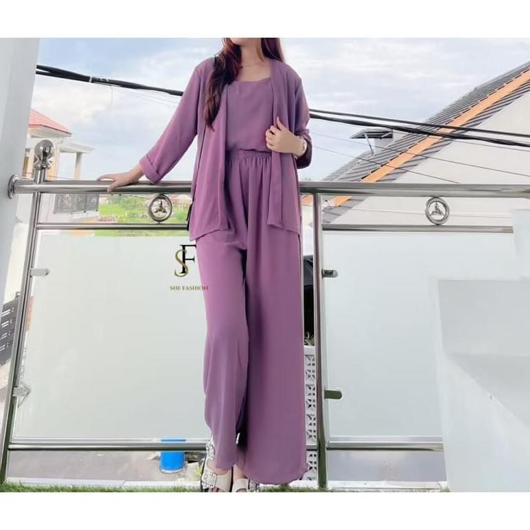 Fx-2 Fe24 One Set Fuji 3 In 1 Set Blazer 3/4 Sleeve พร้อมกางเกงด้านใน Culottes Crinkle Airflow Premi