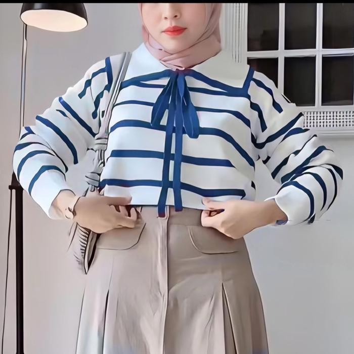 MFS Eily เสื้อถักเกาหลีของผู้หญิงลายคอปกเสื้อถักแขนยาว