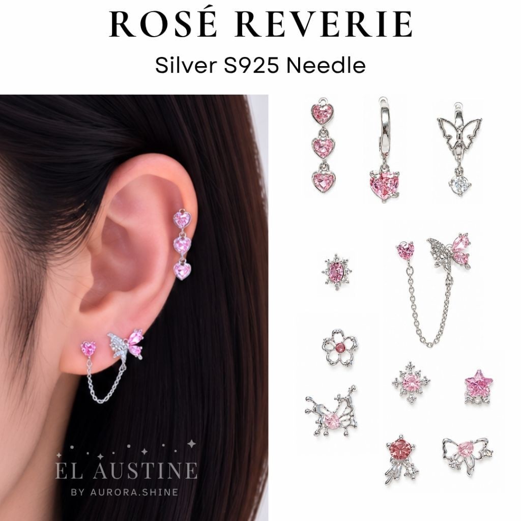 [S925 STERLING SILVER NEEDLE] ROSÉ REVERIE EARRINGS SET PINK CRYSTAL EARRINGS SILVER Womens EARRINGS