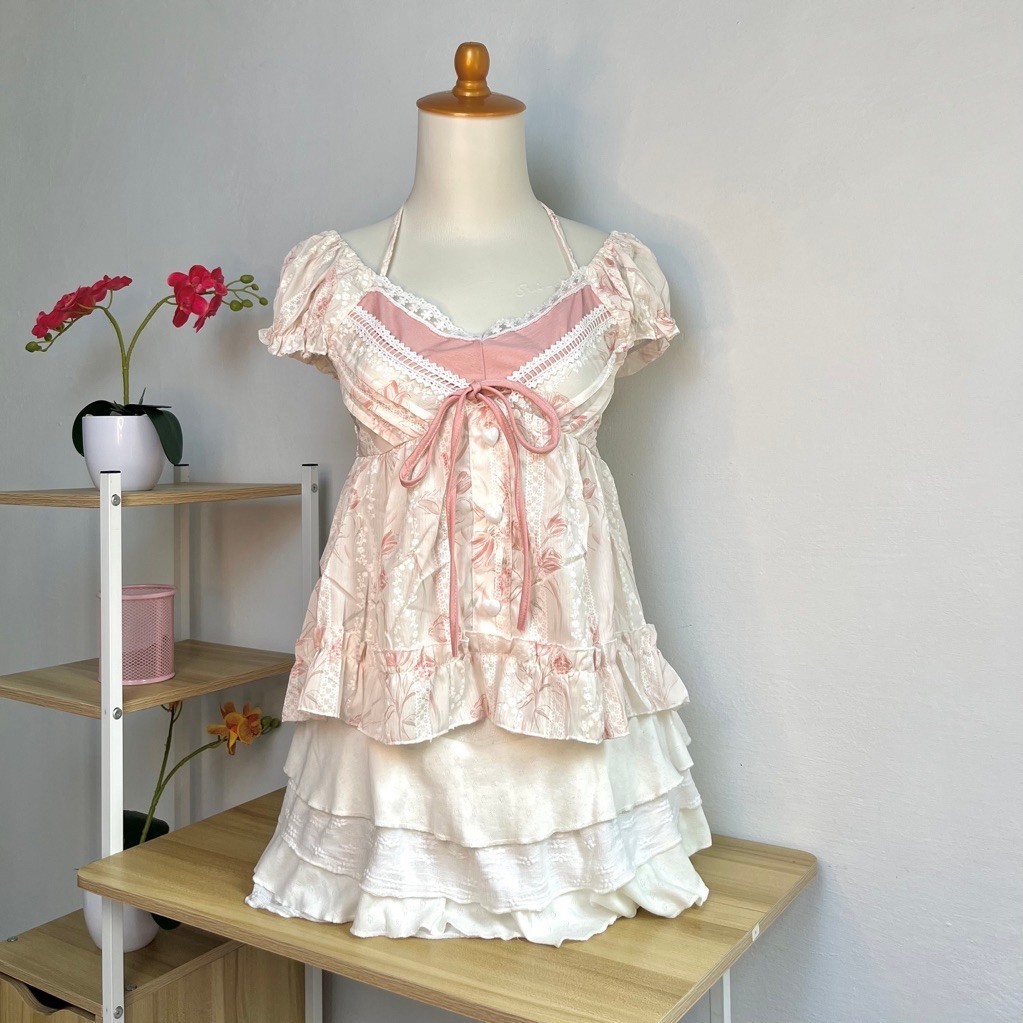 Nitshui - Calla Blouse Halter Neck Vintage Floral Top / Womens Coquette Cottagecore Clothes / Korean