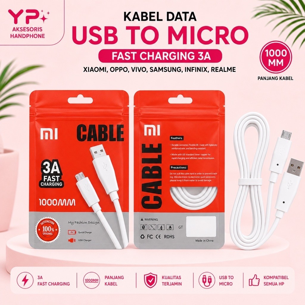 CABLE Data BRAND 3A Fast Charging Mi Redmi MICRO USB CABLE 1000MM