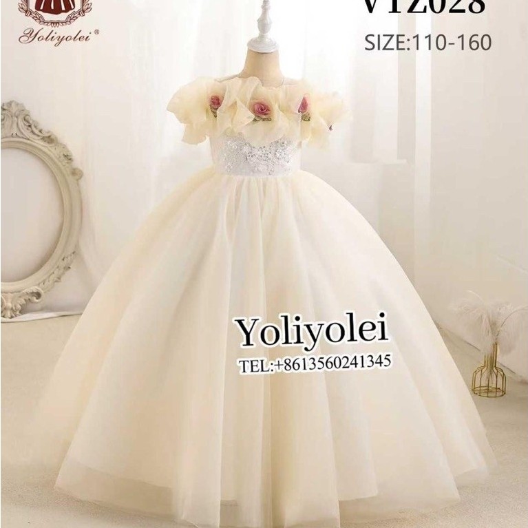 Yoliyolei เดรสเด็กผู้หญิง VZ028 สีครีม ริบบิ้นลายดอกไม้ ขนาด 110-160