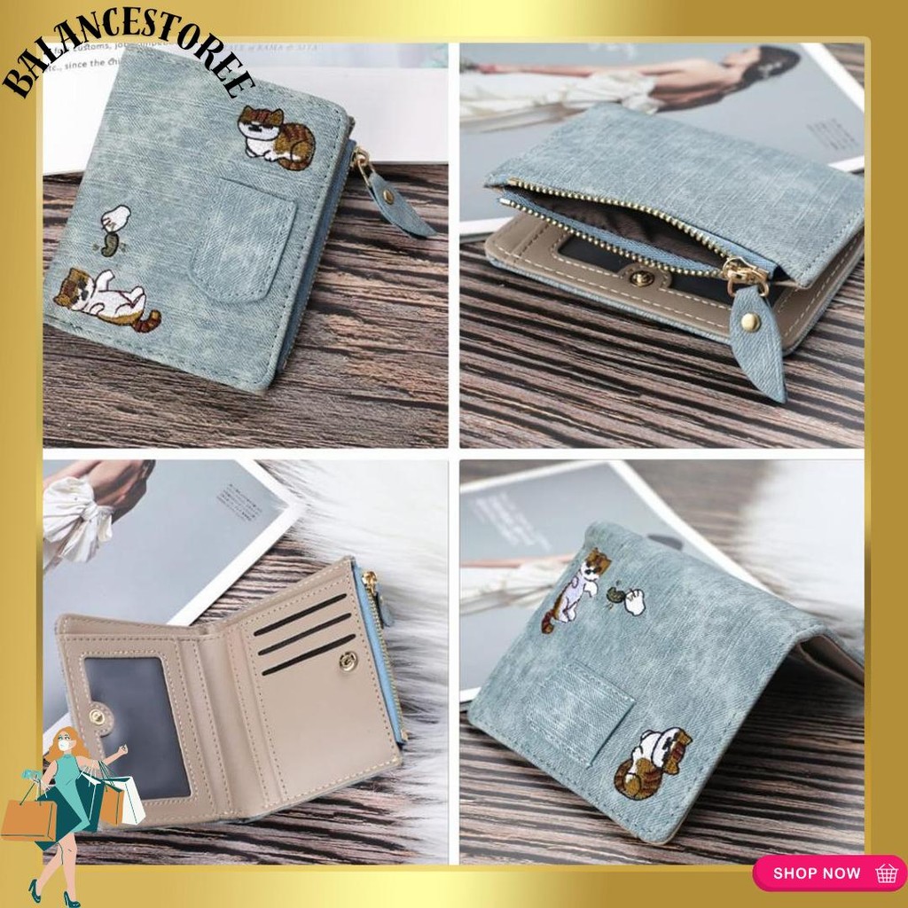 FELICIA WA033B2 ABG FASHION BATAM SMALL BLUE CAT LEATHER WALLET ORIGINAL DENIM MOTIF
