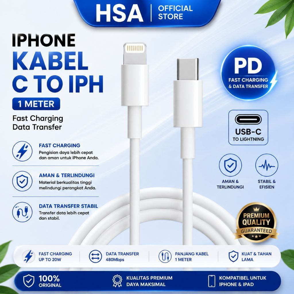 สายชาร์จข้อมูล USB-C to Lightning & C to C 1M เข้ากันได้กับ iPhone 11/12/13/14/15/16 Pro Hsa
