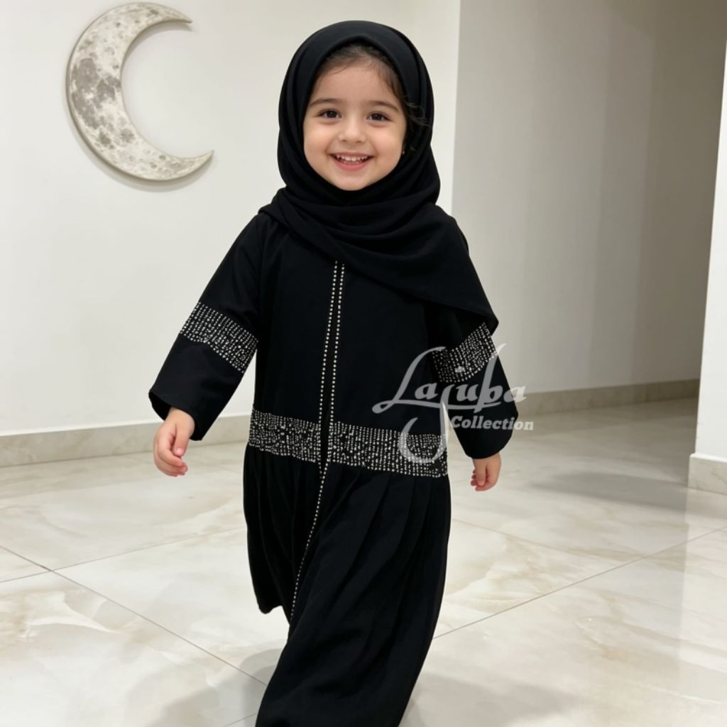 Jihan Childrens Black Muslimic Children Gamis with Khimar Set เสื้อผ้าเด็กอิสลามพร้อมพู่ Motif
