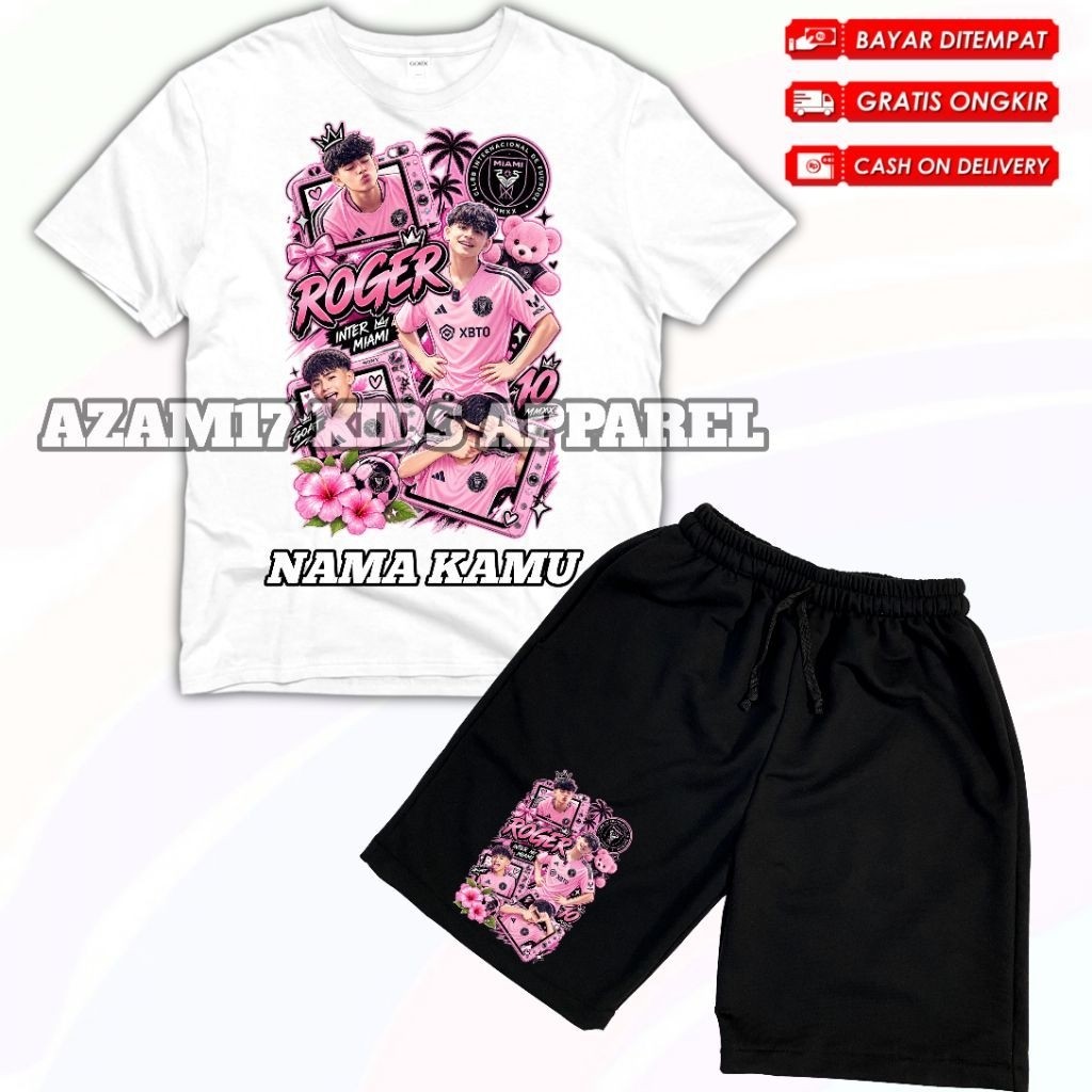 ชุดเสื้อยืดและกางเกงขาสั้น Inter Miami Roger Kids ชื่อฟรี / Inter Miami Roger Player Kids Boardshort