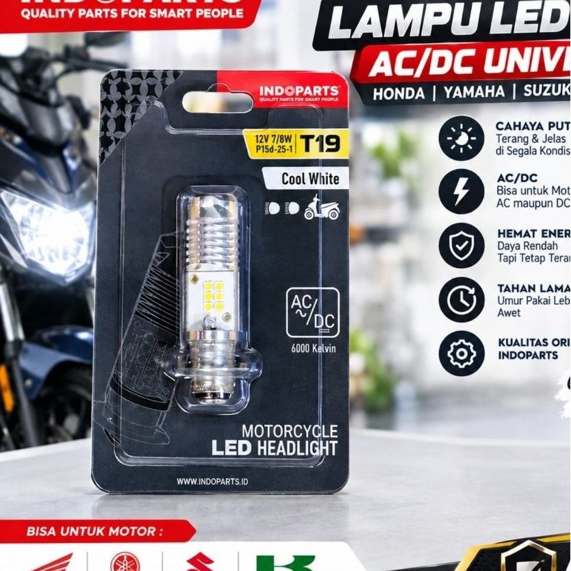 INDOPARTS T19 หลอดไฟ LED ด้านหน้า 12V 7/8W Cool White 6000K Honda Yamaha Suzuki
