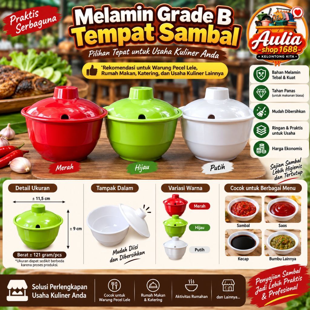 Auliashop1688 - ภาชนะเมลามีน Sambal เกรด B พร้อมฝาปิด | ชามซอสซัมบัล | ภาชนะดอง | Sambal CONTAINER |