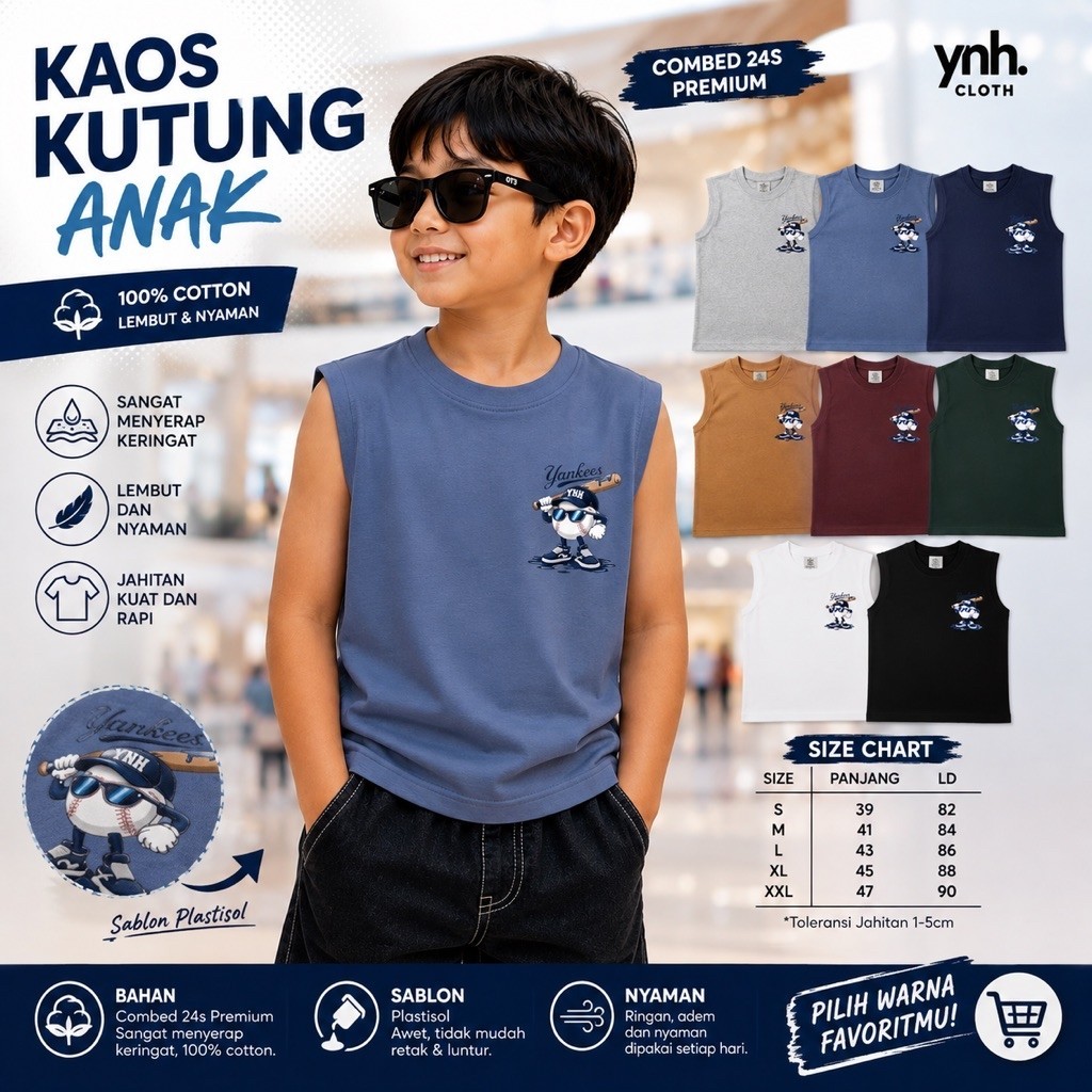 HNM KIDS YANKEES MOTIF VEST TOP เสื้อยืด / ผ้าฝ้าย Unisex Combed TANK TOP (1-12 ปี)