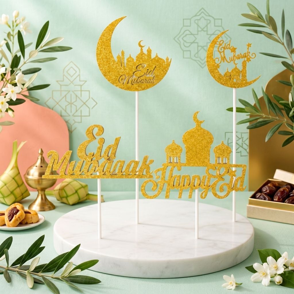ท็อปเปอร์เค้กกระดาษศิลปะ Eid Mubarak / ที่รองเค้กกระดาษ Eid / ปิ๊กเค้ก Eid Mubarak