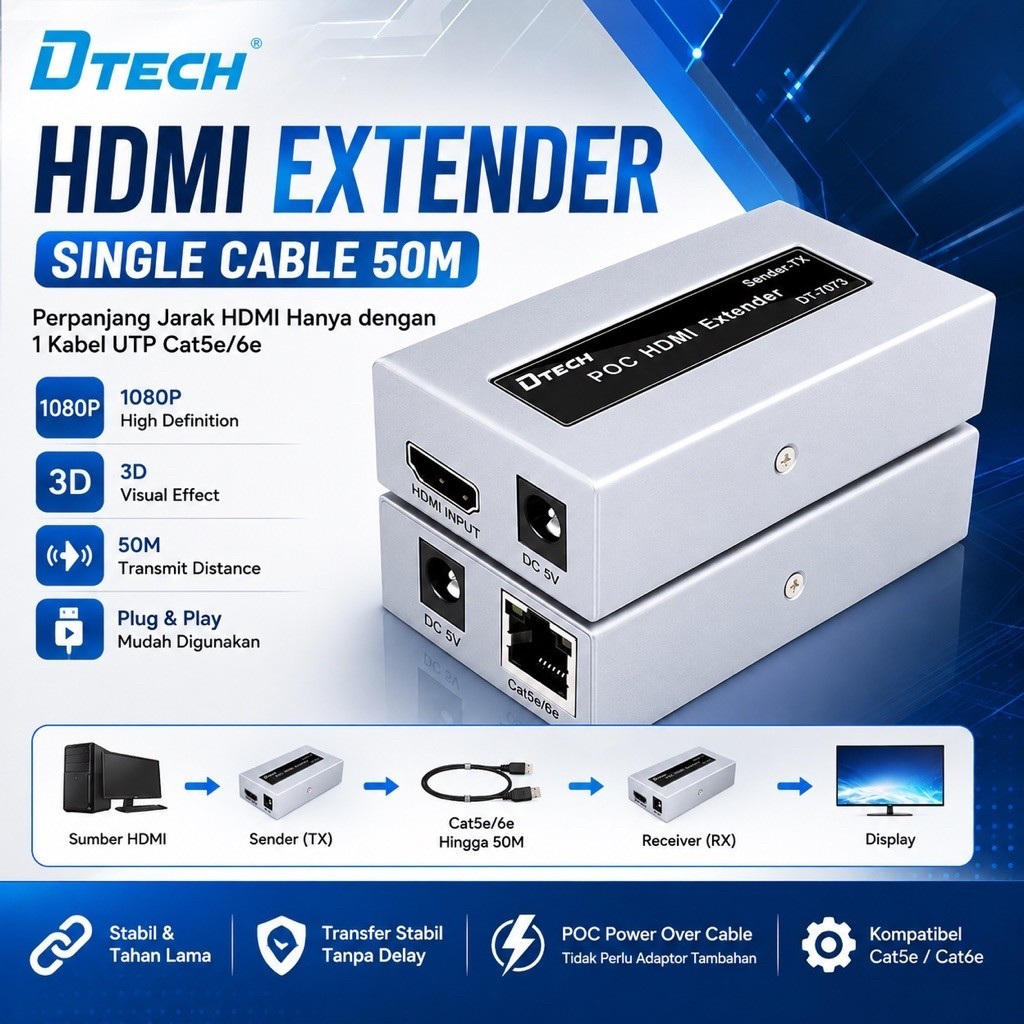DTECH HDMI EXTENDER VIA UTP LAN CAT5 CAT6 50 เมตร FULL HD