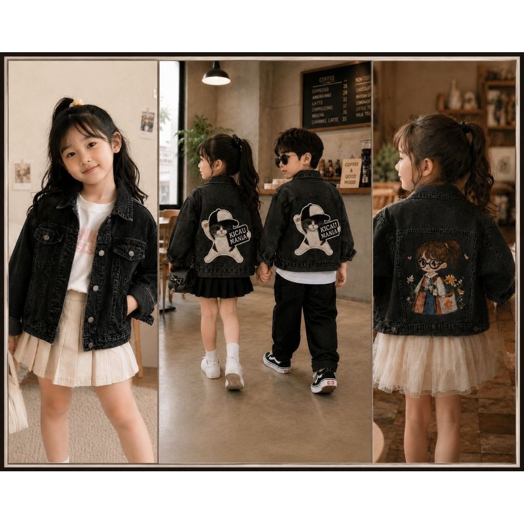 OVER-SIZE 3D PICTURE เสื้อแจ็คเก็ตยีนส์สีดําสําหรับเด็กผู้หญิงและเด็กผู้ชาย AGES 1 1/2 ถึง 9 ปี