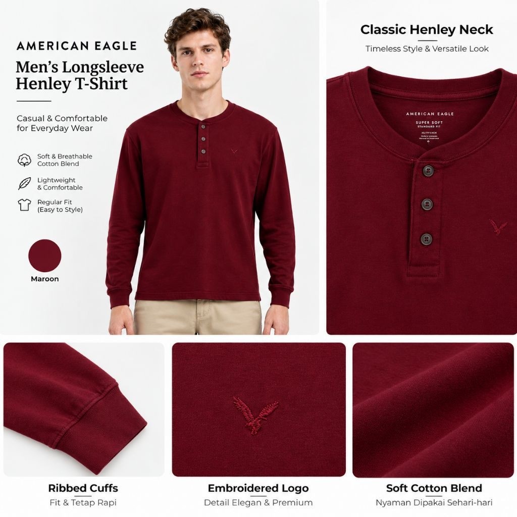 AMRCN EGL Mens Longsleeve Maroon Henley T-shirt / original branded Mens henley T-shirt / เสื้อยืดผู้