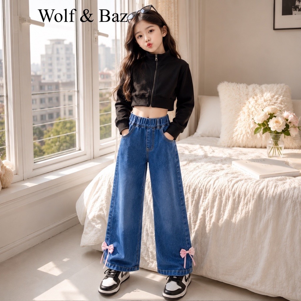 Wolf & Baz - นําเข้า Skena Jeans Culottes สําหรับเด็กผู้หญิง 1-10 ปี สไตล์เกาหลีล่าสุด มีสไตล์ วัสดุ