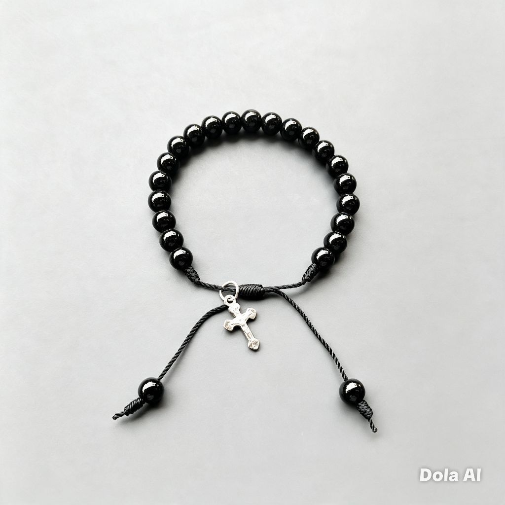 G39 PLAIN BLACK HEAVY PEARL CROSS BRACELET