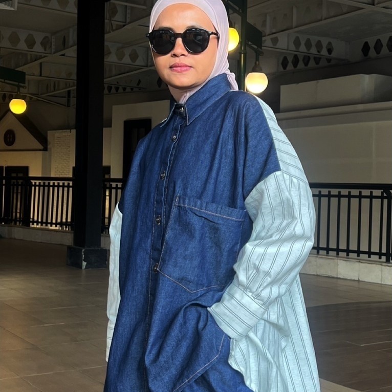 NAUKA-NAMI DENIM STRIP MIX OVERSIZE SHIRT JEANS DENIM STRIP