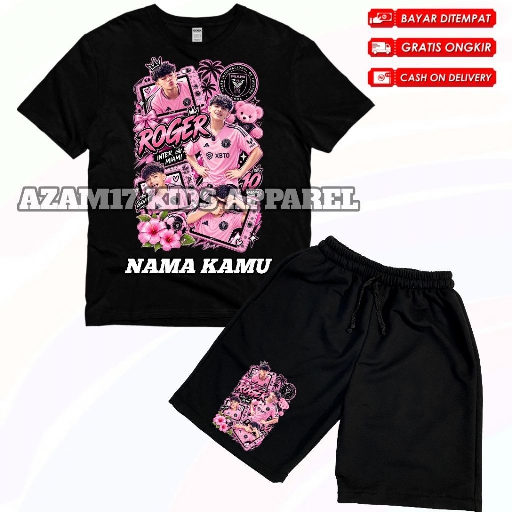 Inter Miami Roger Kids ชุดเสื้อยืดและกางเกงขาสั้นชื่อฟรี / Roger Inter Miami Kids Board T-Shirt Set