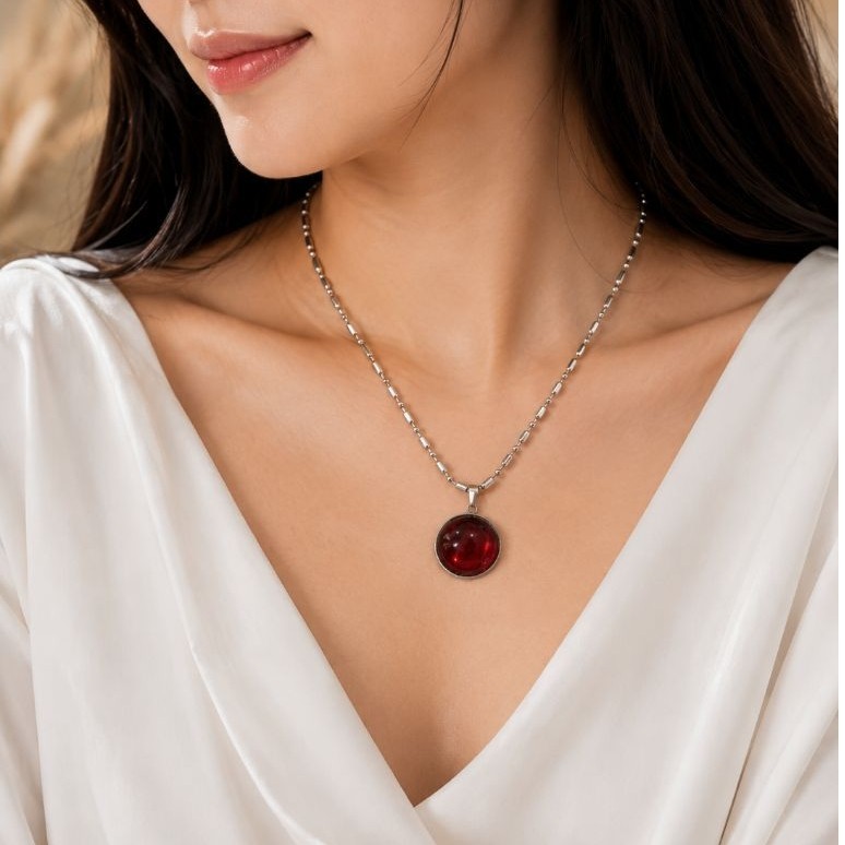MERAH MCI สร้อยคอไทเทเนียม 60 ซม. พร้อมจี้หินสีแดง Siem 18 มม. รอบ Piph วงกลม