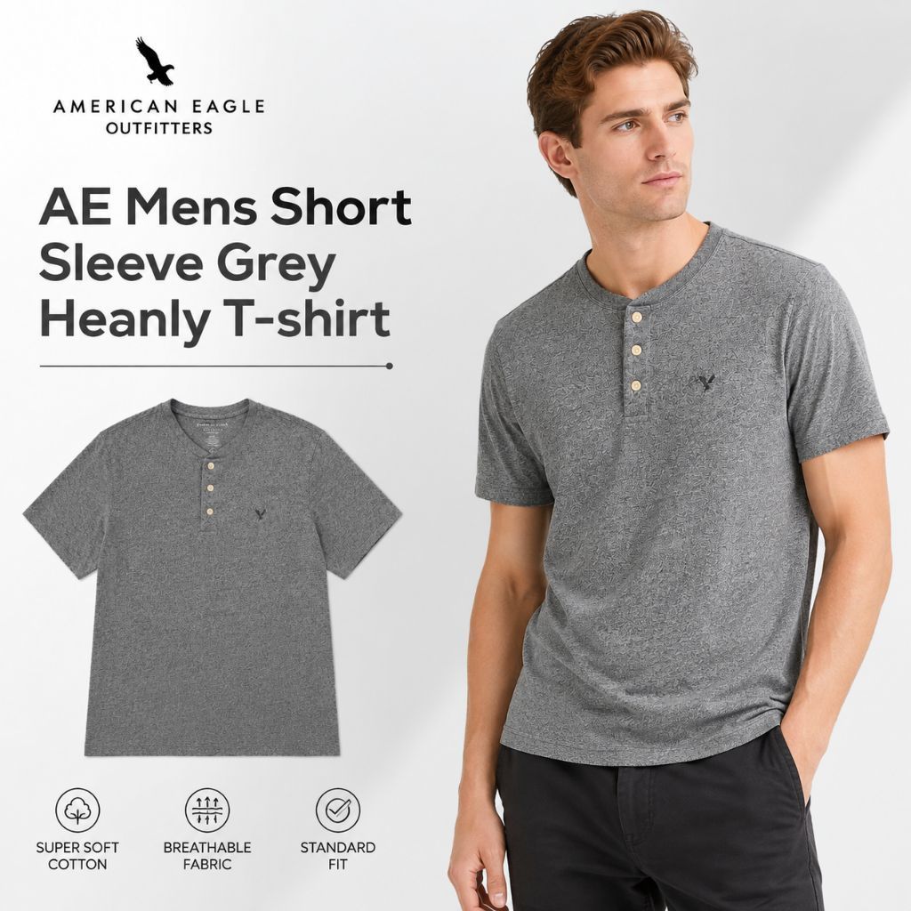 AE Mens Short Sleeve Grey Henley T-shirt/Original Branded Mens T-shirt/Latestinal Mens T-shirt/Brand