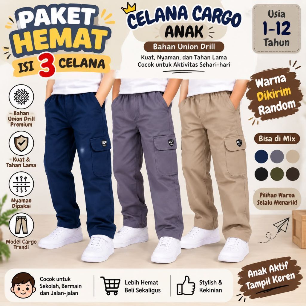 SAVING PACKAGE COTENTS 3 Boys Cargo Pants 1-12 ปี Premium Drill Material Joggers Cargo Long Pants fo