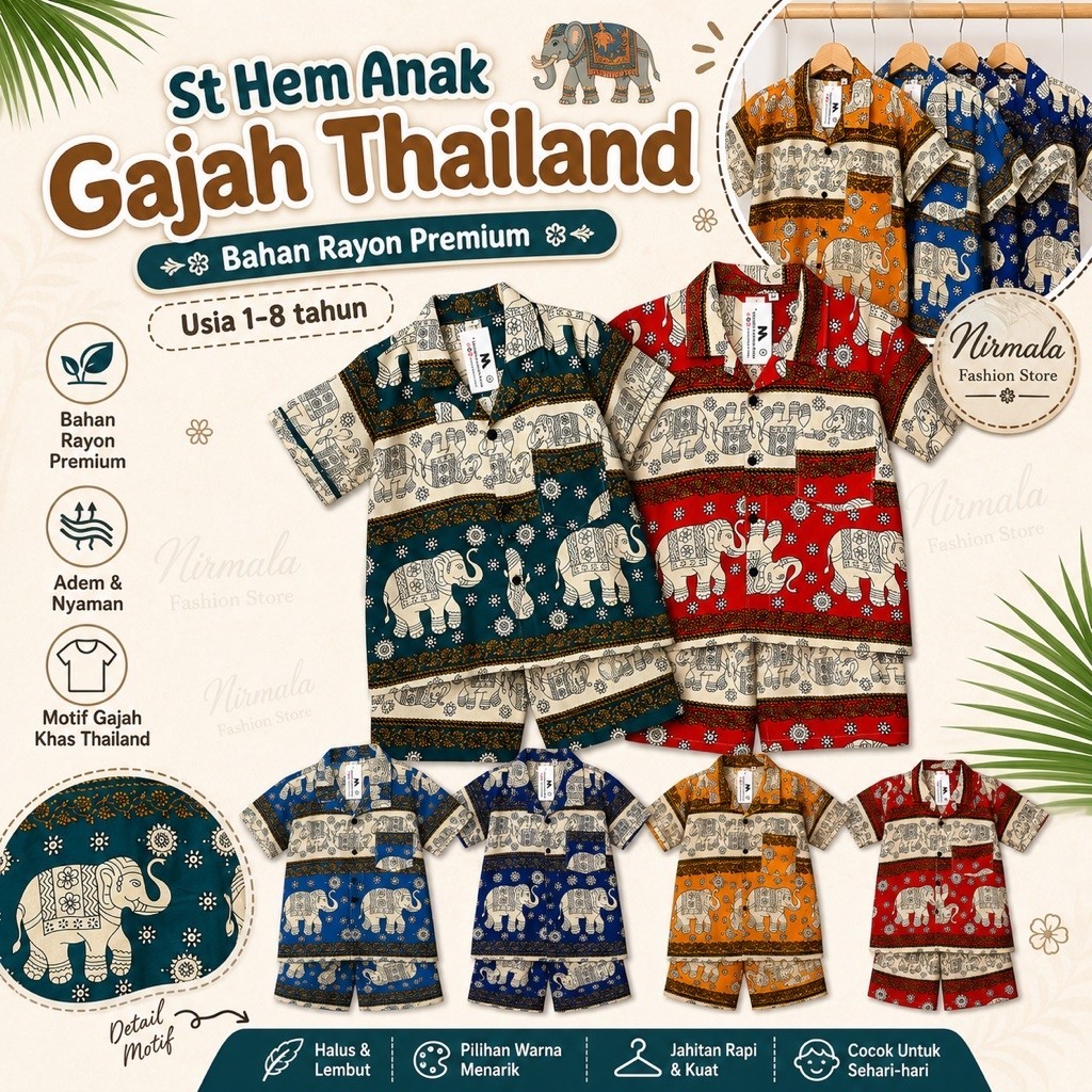 KEMEJA THAILAND ELEPHANT MOTIF CHILDRENS SHIRT SET | CHILDRENS HEM SET | CHILDRENS BEACH HEM