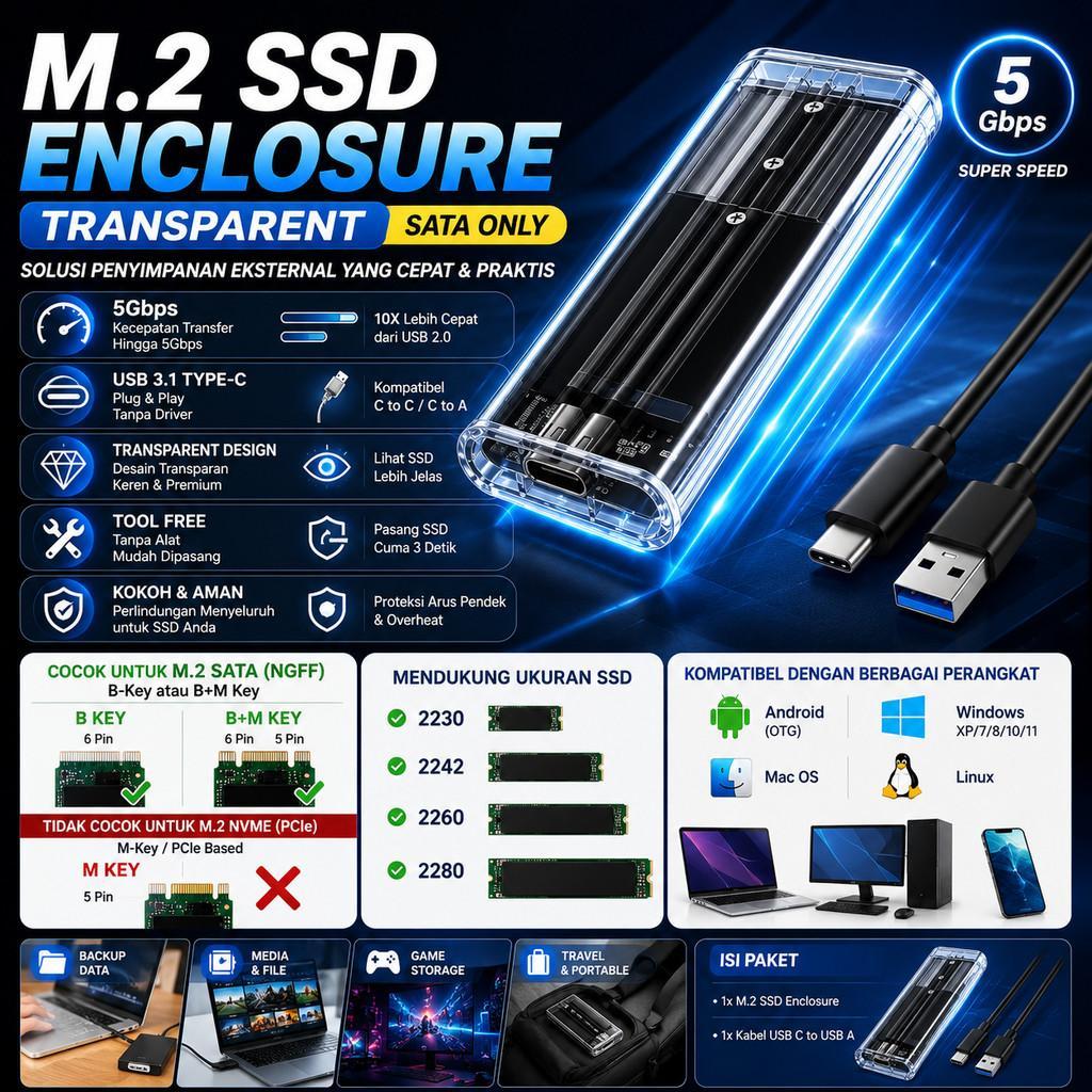M2 SSD ภายนอก USB Type C 3.1 5Gbps กล่องฮาร์ดดิสก์โปร่งใส PCIe NGFF SATA 2230, 2242, 2260, 2280 B + 