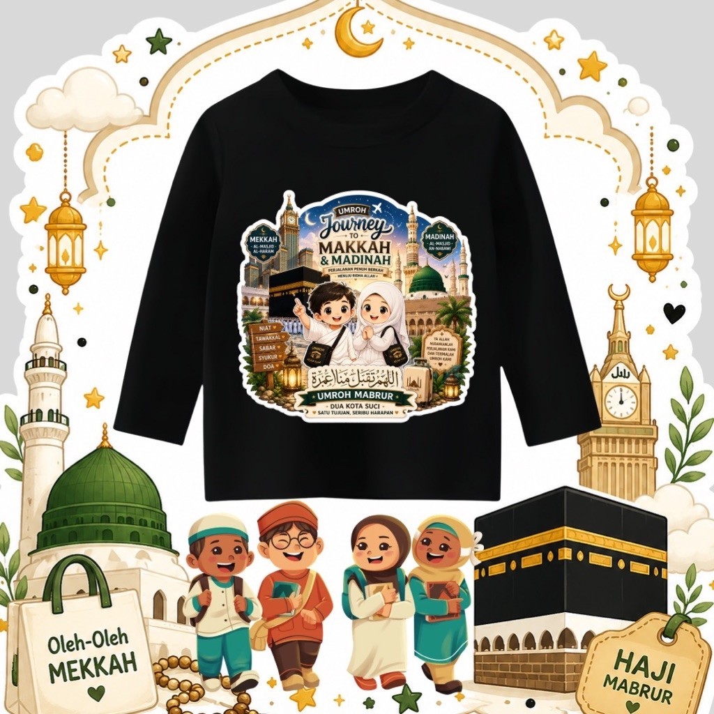 HAJJ UMRAH SOUVENIS MOCCA LONG-SLEEVED CHILDRENS เสื้อยืด UMROH MABRUR A UMROH SOUVENIRRS