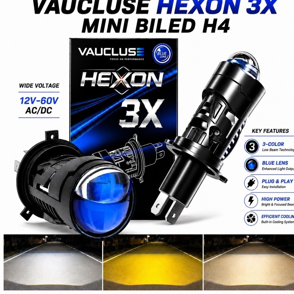 CAHAYA MINI BILED H4 VAUCLUSE HEXAON 3X - H4 SOCKET MAIN LIGHT 3 สีเลนส์สีฟ้า