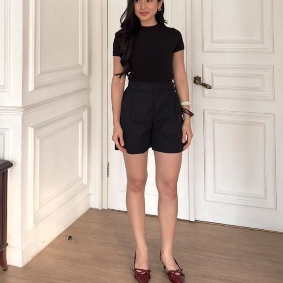 KATUN BW888 Queenstreet Belina Short Pants Belt Cotton | กางเกงขาสั้นเข็มขัดผ้าฝ้ายสีพื้นสําหรับผู้ห