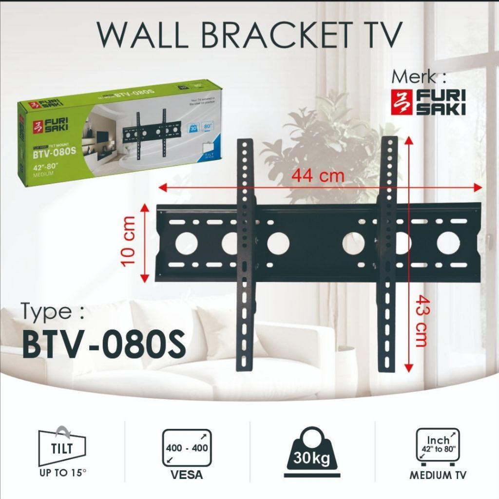 FURISAKI Wall Bracket TV BTV-080S Tiltdown 44 ซม.สําหรับ 42-80 นิ้วขนาดกลาง VESA 400x400 TV