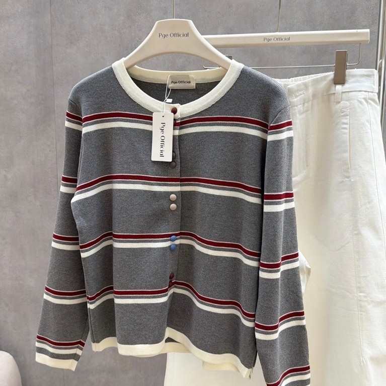 NEIRA CARDY PGE OFFICIAL คาร์ดิแกนลายทางสีเทาคอปกกลมและซิป RUU