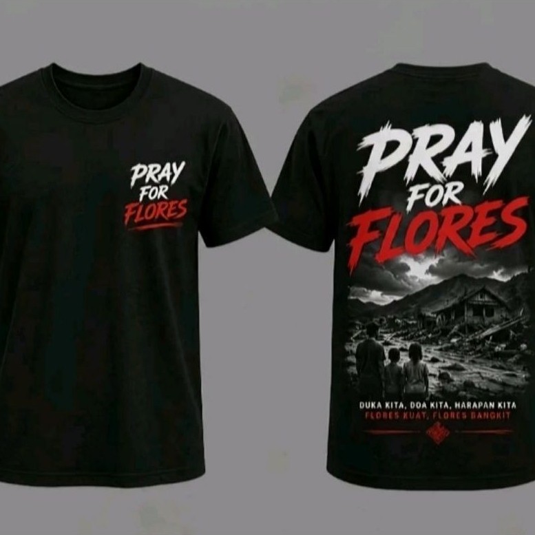 PRAY FOR FLORES เสื้อยืดสีดําพิมพ์ลายด้านหน้าแขนสั้น
