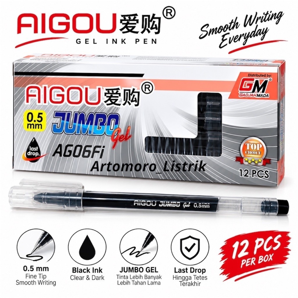 GADJAH MADA Aigou Jumbo GM-06Fi ปากกาเจล 0.5 มม.สีดํา Non-Break การเขียน 12 ชิ้น