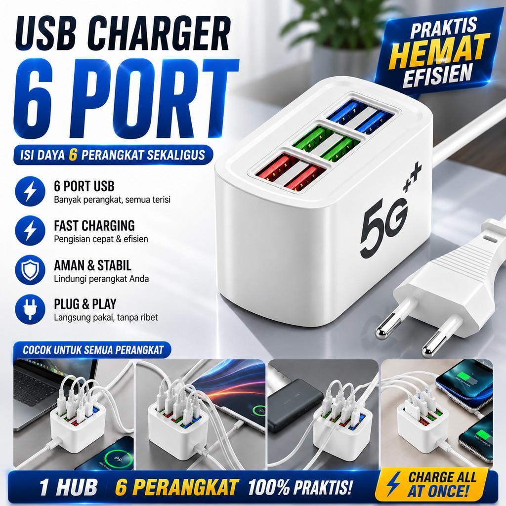 Charger Hub USB Station 6 พอร์ต Multiport Fast Charging 3.1 A Universal สมาร์ทโฟน EU Plug Wall Charg