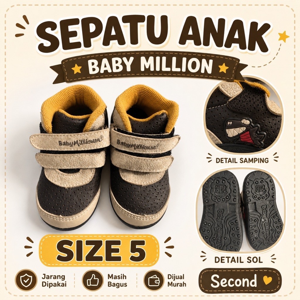 รองเท้ามือสอง Baby Million Size 5 Velcro สีดําสีเหลือง
