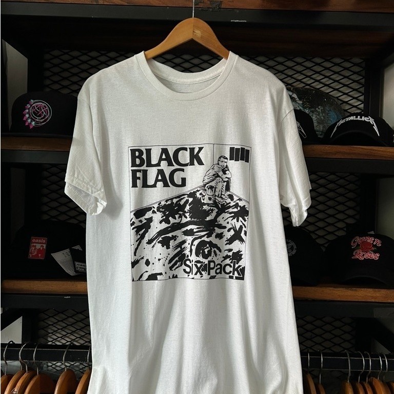 Black Flag "Six Pack" เสื้อยืดแขนสั้นขนาดใหญ่สีขาว