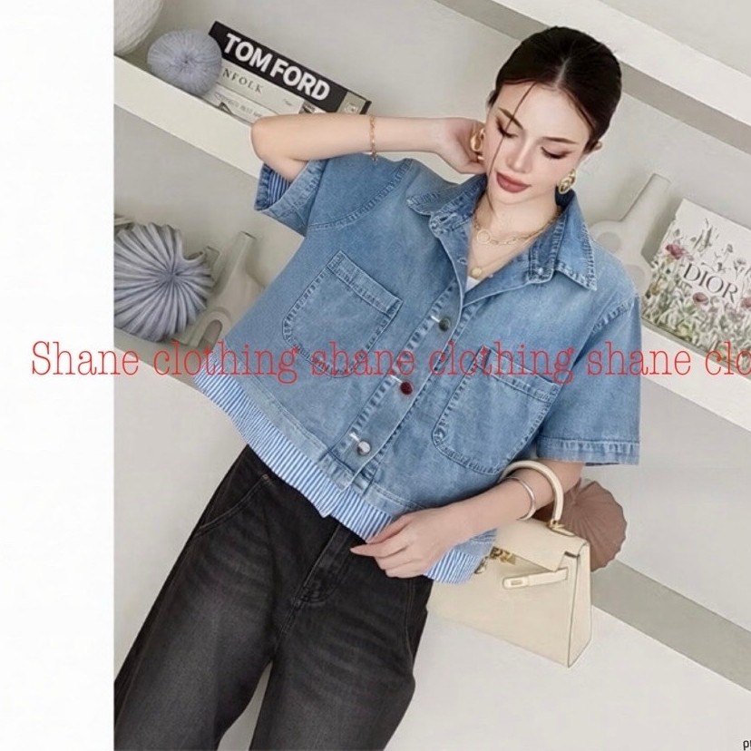 KEMEJA KATUN SANE เสื้อผ้าผู้หญิง CROP TOP กางเกงยีนส์ DENIM COMBINATION WITH STRIPED COTTON BOTTOM