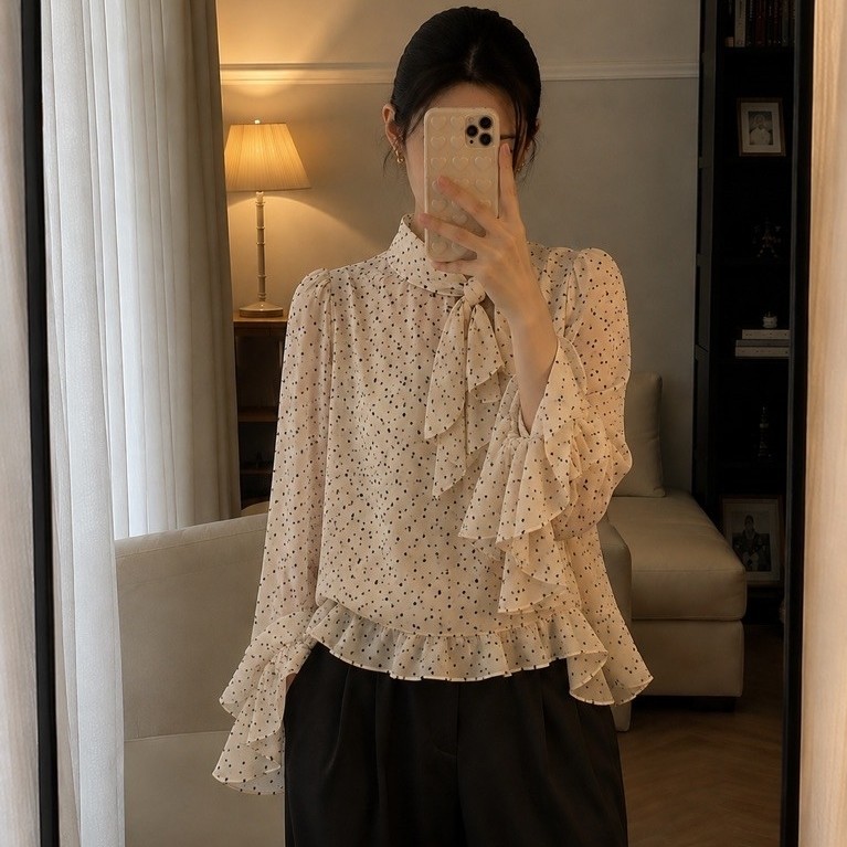 Ella Top - เสื้อชีฟองสีครีม Polka Dot Ruffle