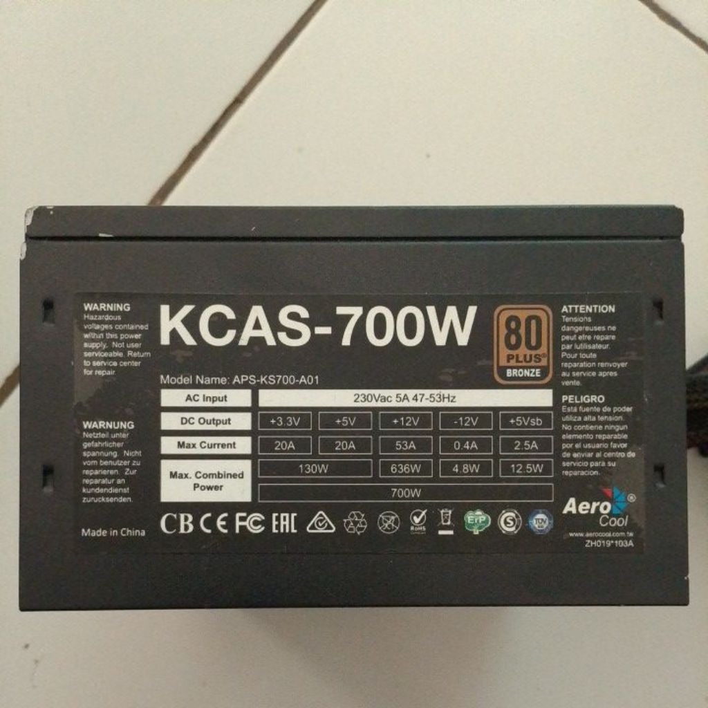 PSU พาวเวอร์ซัพพลาย PC Aerocool KCAS 700W 80+ สีบรอนซ์