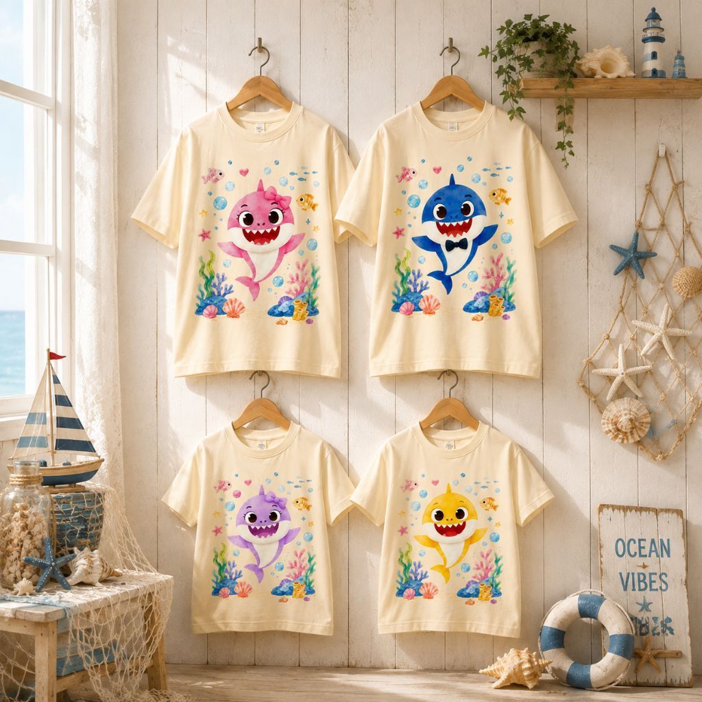 KATUN PLT BABY SHARK ขนาดใหญ่ครอบครัวคู่พรีเมี่ยมผ้าฝ้ายนุ่มสีสัน Baby Shark Cutie เสื้อยืดน่ารัก