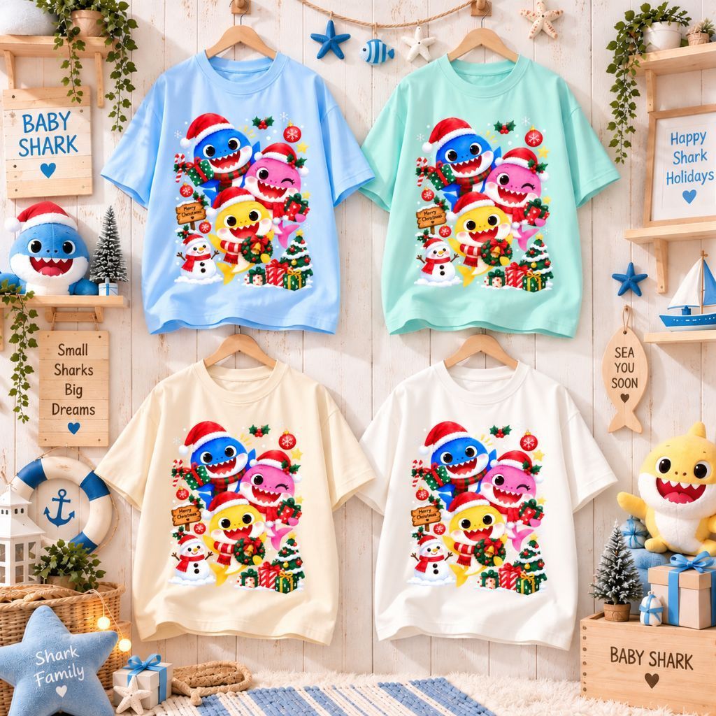 PLT CHRISTMAS SHARK ขนาดใหญ่ครอบครัวเสื้อยืดผ้าฝ้ายน่ารัก Shark Motif Baby Shark Xmas Snowman