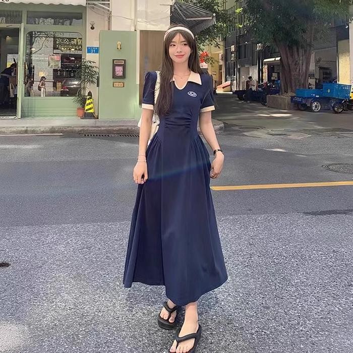 PFS Dress เดรสคอโปโล เดรสยาวทรงเอ ผู้หญิงสีกรมท่า สไตล์เกาหลี วัสดุพรีเมี่ยม